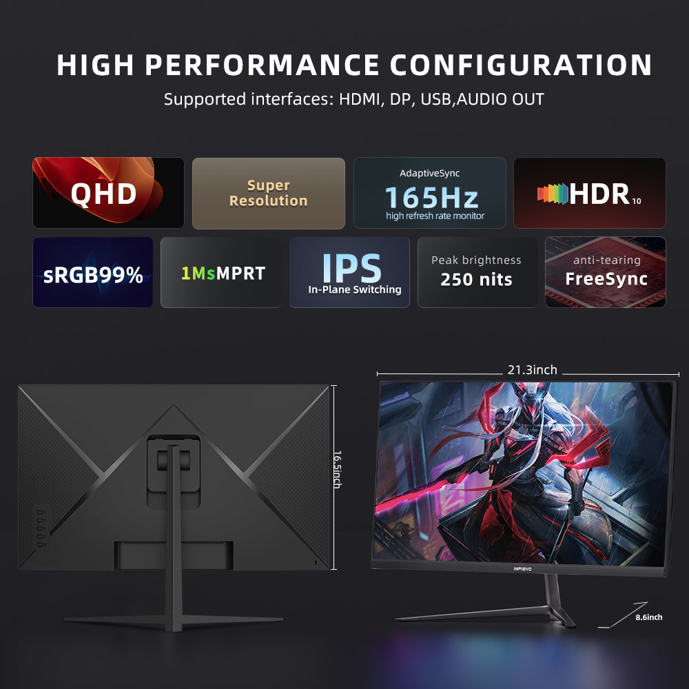 INFIEVO Gaming Monitor 27 Inch QHD 1440P Computer Monitor 165Hz IPS 1ms, FreeSync, Ultra-Thin PC Monitor, VESA Compatible, Tilt Adjustable, Eye Care, HDMI X2 /DP