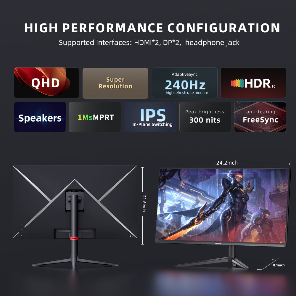 INFIEVO Gaming Monitor 27 Inch QHD 1440P Computer Monitor 240Hz IPS 1ms, FreeSync, Ultra-Thin PC Monitor, VESA Compatible, Liftable and Pivotable Stand, HDMI/DP X2, Eye Care, Built-in Speakers