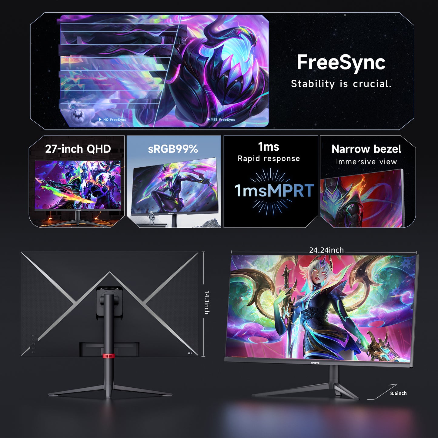 INFIEVO Gaming Monitor 27 Inch QHD 1440P Computer Monitor 180Hz IPS 1ms, FreeSync, Ultra-Thin PC Monitor, VESA Compatible, Liftable and Pivotable Stand, Eye Care, HDMI/DPX2